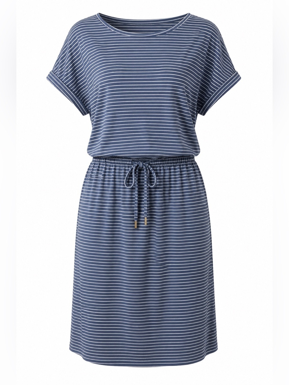 Striped Drawstring Waist Casual Dress - Blue & White